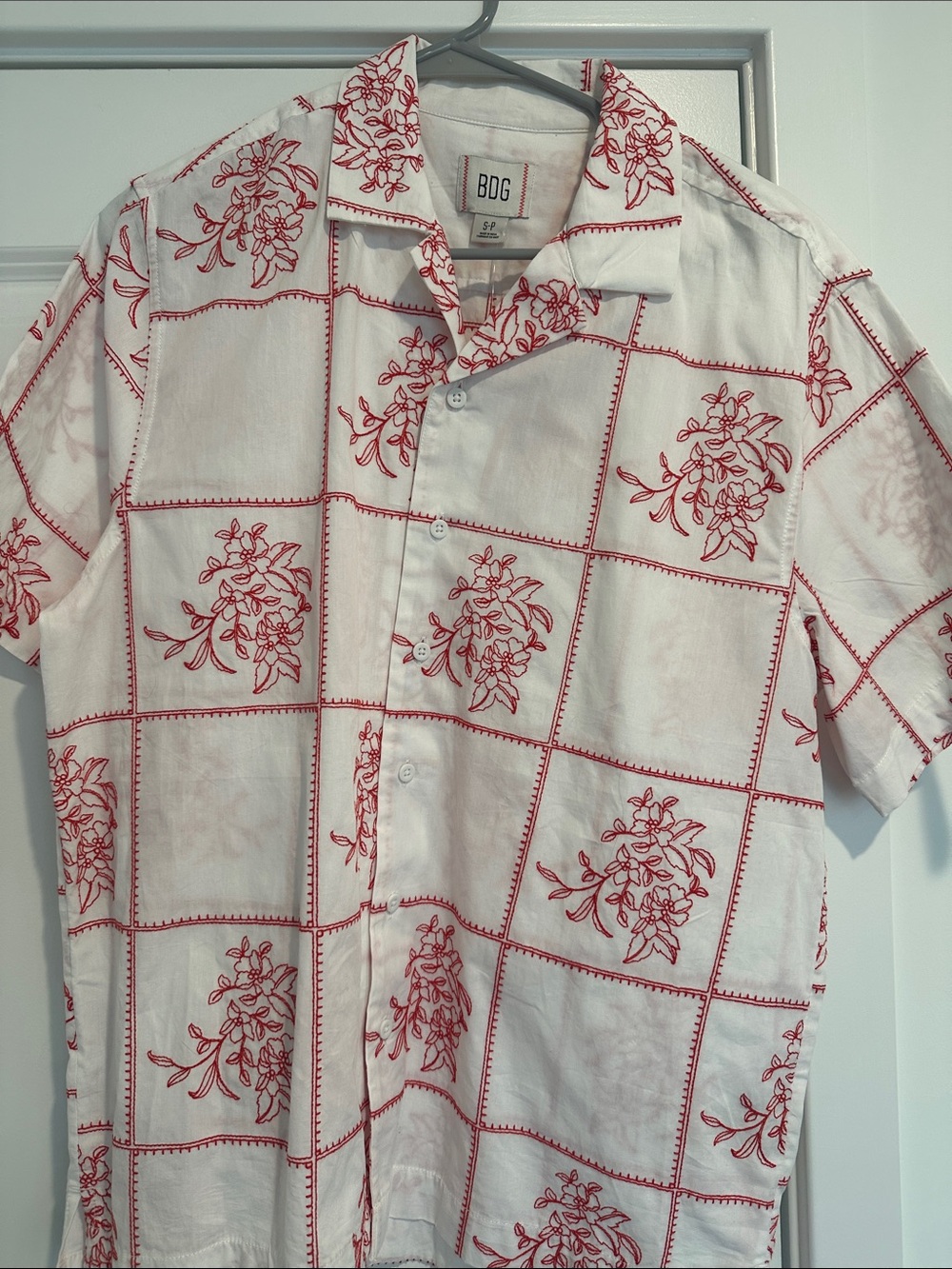 BDG White Short-Sleeve Button-Up Shirt with Red Floral Grid